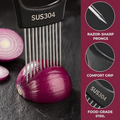 304 Stainless Steel Onion Holder & Slicer - Multi-Fruit Vegetable Fixing Tool with Sharp Prongs for Tomato, Lemon, Avocado - Safe Kitchen Gadget