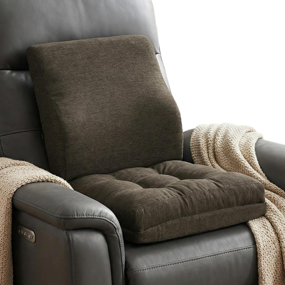 baibu Memory Foam Recliner Cushions with Lumbar Support Pillow Set for Elderly, 20x20x5 Inch Dual-Layer Design Non-Slip Recliner Seat Cushion & Back Support Pillow for Reduce Hip & Lumbar Pain, Brown
