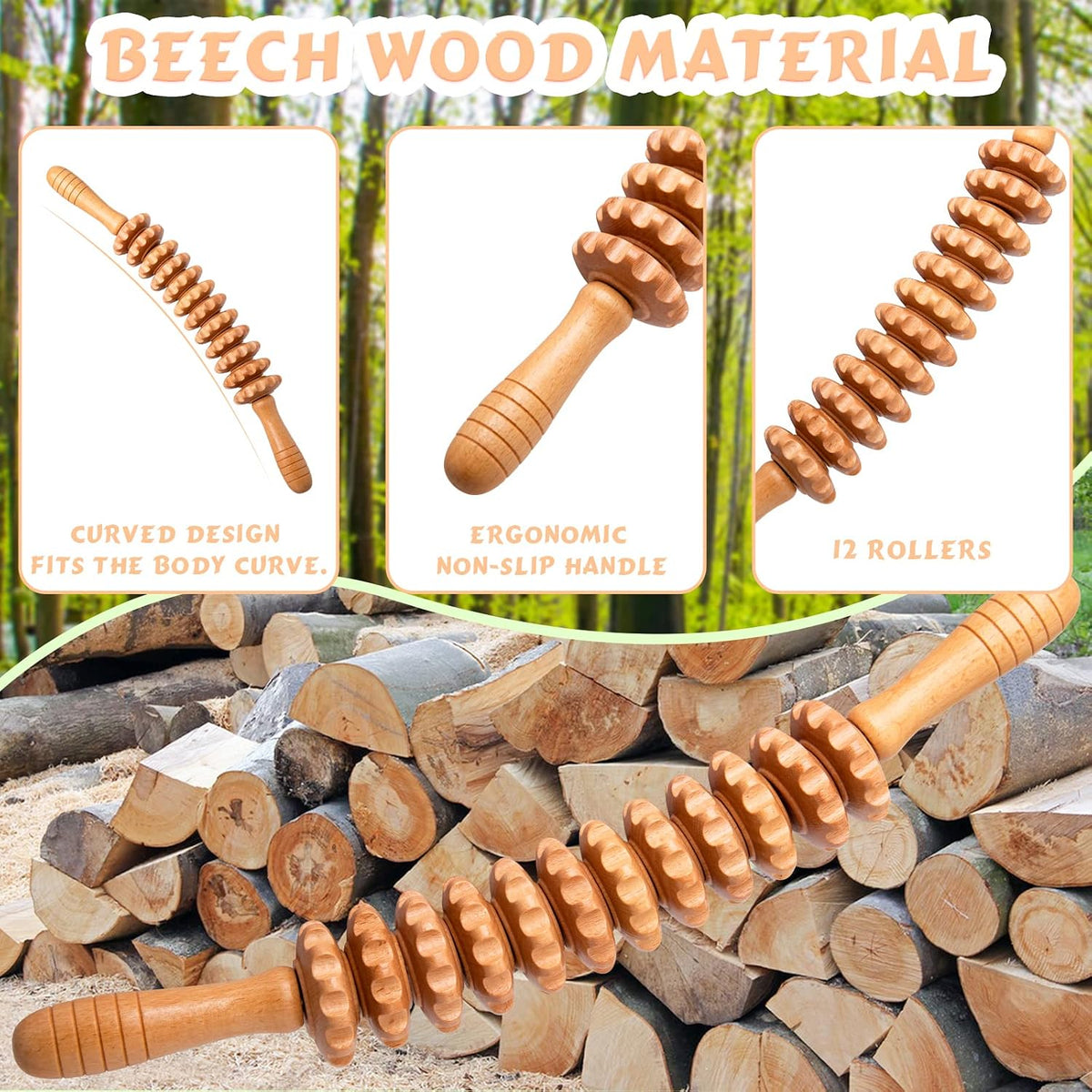 Curved Wood Therapy Massage Roller Tools,Lymphatic Drainage, Cellulite Massage & Wooden Muscle Roller Stick for Waist and Thigh, Stomach Rolling Massager Tool （with White Box）