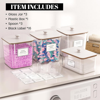 HomePekite Laundry Pods Storage Container, Clear Laundry Room Organization and Storage ,Detergent Powder Container,with Wooden Lids & Labels, 3+1 Pack