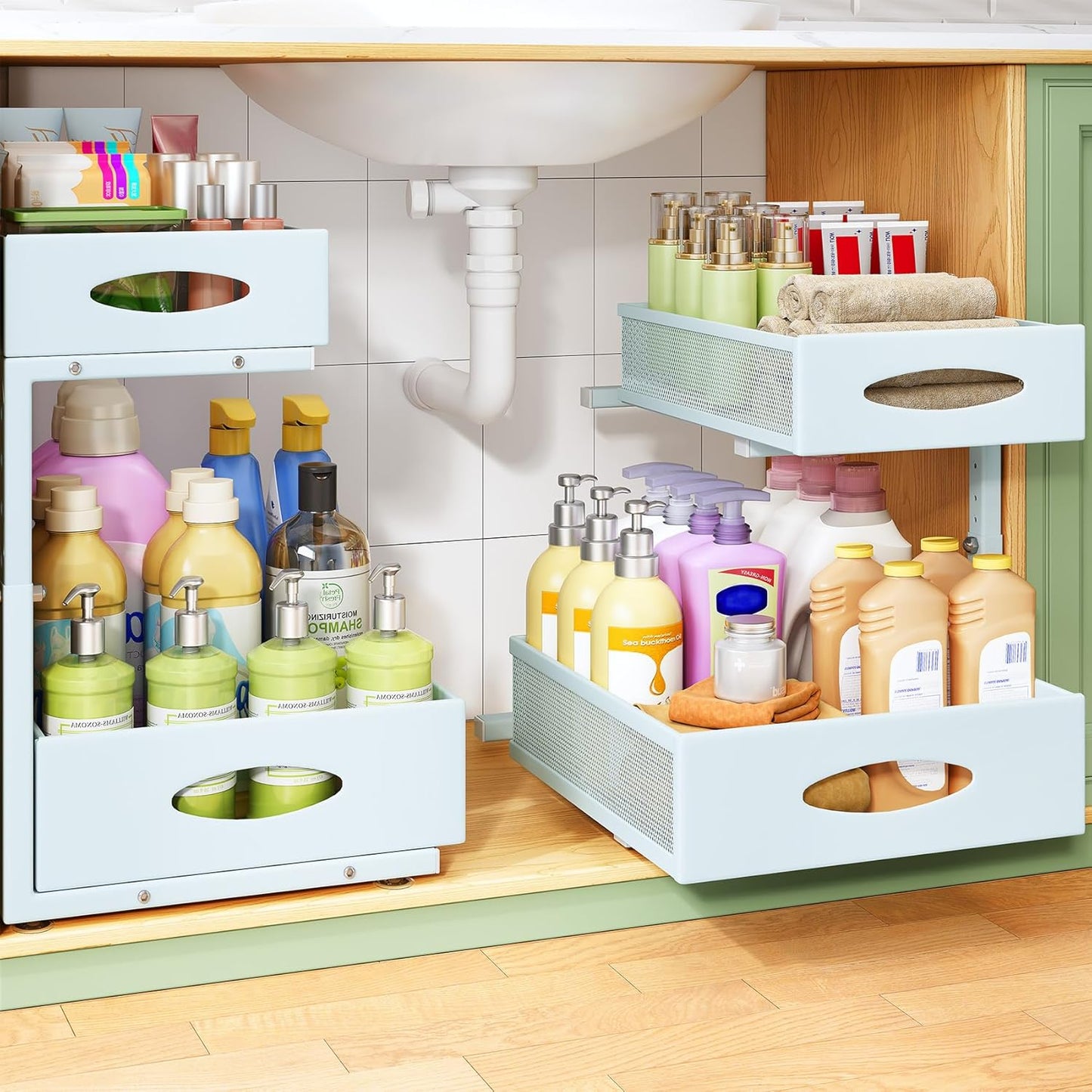 Under Sink Organizer, 2-Pack Pull Out Cabinet Organizer 2 Tier Metal Slide Out Storage Shelf Rack, L-Shaped Adjustable Height,Mesh Sliding Drawer for Kitchen, Bathroom, Laundry, Pantry, White, XL