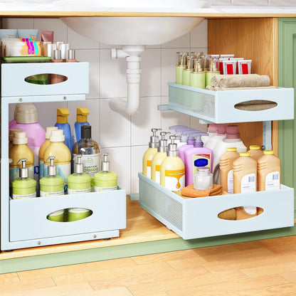 Under Sink Organizer, 2-Pack Pull Out Cabinet Organizer 2 Tier Metal Slide Out Storage Shelf Rack, L-Shaped Adjustable Height,Mesh Sliding Drawer for Kitchen, Bathroom, Laundry, Pantry, White, XL