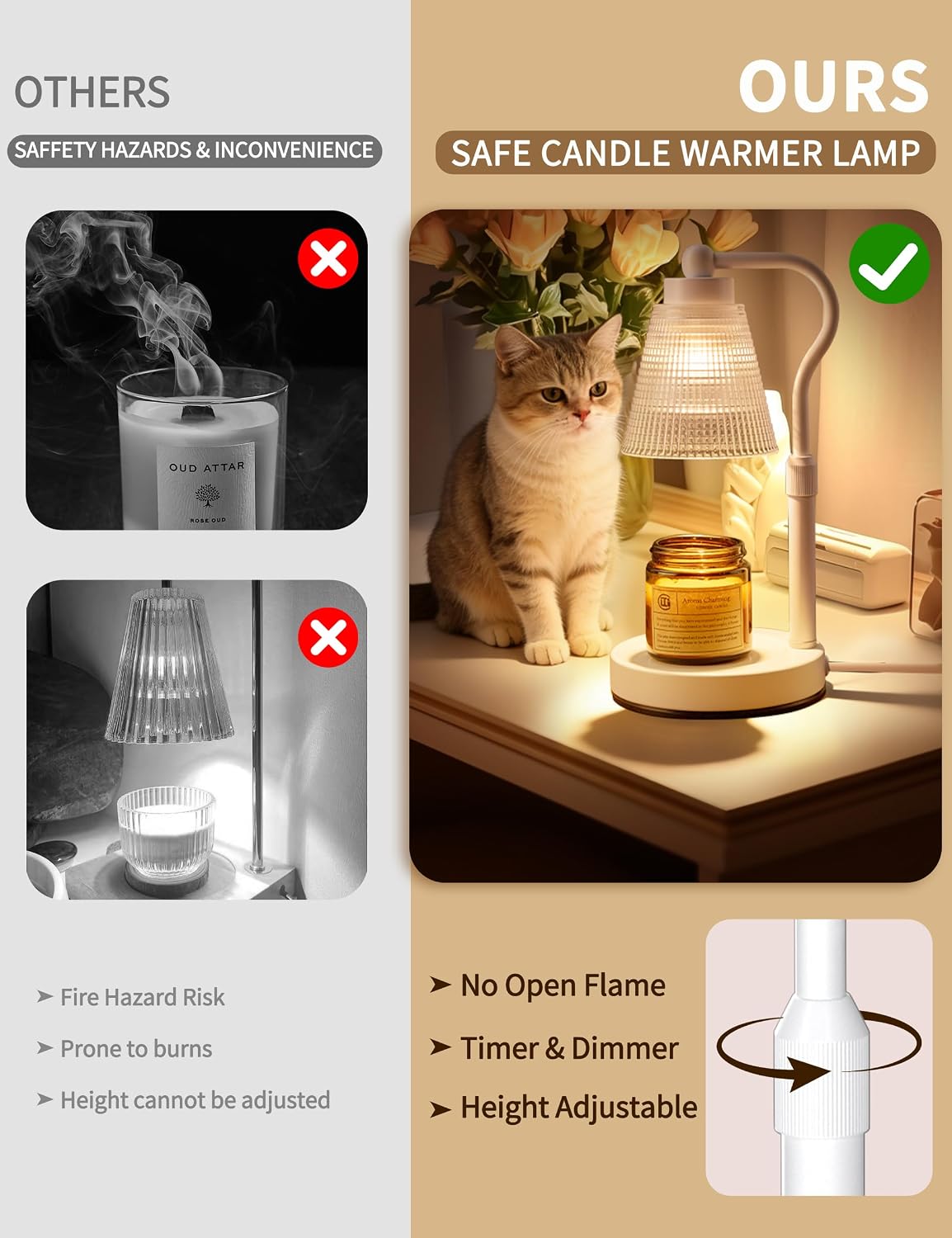 Candle Warmer Lamp for Jar Candles, Height Adjustable & Dimmable with 2/4/8H Timer, 2*50W Halogen Wax Melter Warmer for Home Office Décor, Flameless & Smokeless, Gift for Women Mom, Black-Clear/1 Pack