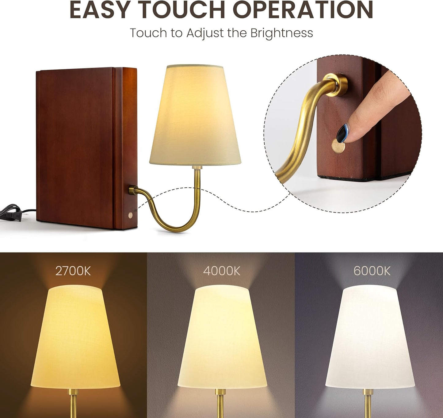 AELS Solid Wood Bookshelf Lamp with Bulb, Cordless Rechargeable Touch Dimmable Table Lamp with Linen Fabric Shade, Modern Decorative Bookend Lamp for Bedroom, Office & Bookshelf Decor, Dark Brown