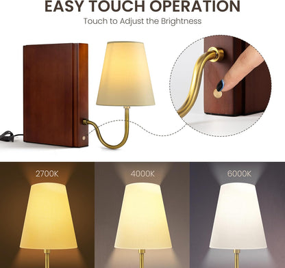 AELS Solid Wood Bookshelf Lamp with Bulb, Cordless Rechargeable Touch Dimmable Table Lamp with Linen Fabric Shade, Modern Decorative Bookend Lamp for Bedroom, Office & Bookshelf Decor, Dark Brown