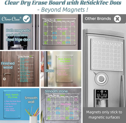 Clear Non-Magnetic Calendar Set for Fridge - Dry Erase Transparent Monthly and Weekly Calendar, List and Blank Whiteboard - Sticks to Wall, Glass, Door, Any Smooth Surfaces