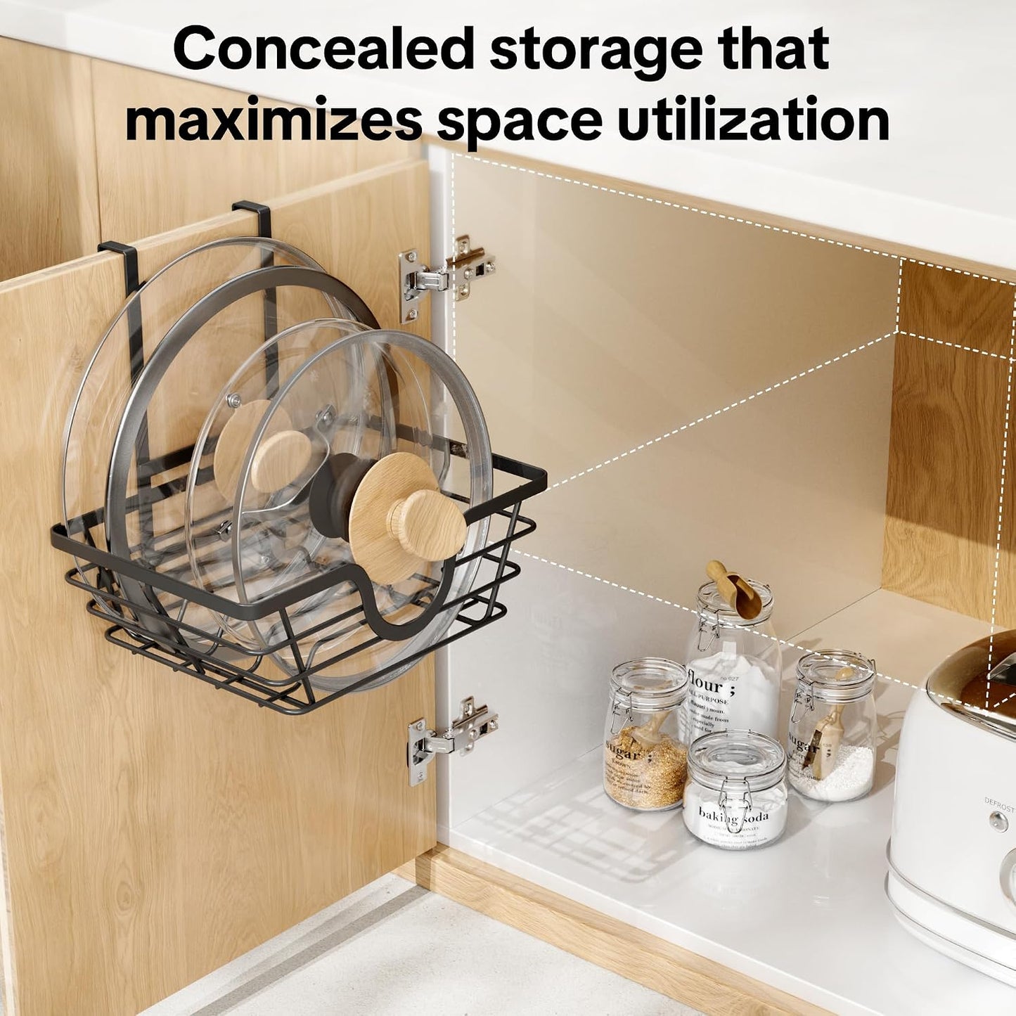 TIDIIABODE Pot Lid Organizer, Adjustable Kitchen Pot Lid Holder Inside Cabinet, Kitchen Cabinet Organizer Hanging for Food Storage Container, Pot, Pan Lid & Bakeware, Black