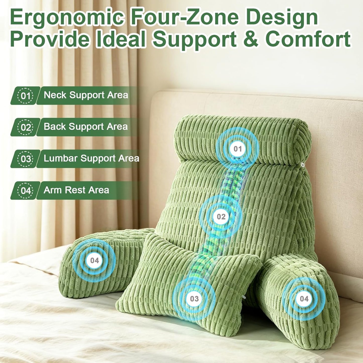 Reading Pillow for Bed, Back Rest Bed Pillow for Sitting Up(Green,Standard) | Back Support Pillows for Bed Sitting Up with a Cylindrical Pillow and Lumbar Pillow, Sitting Pillow for Bed Chair Pillow,18in