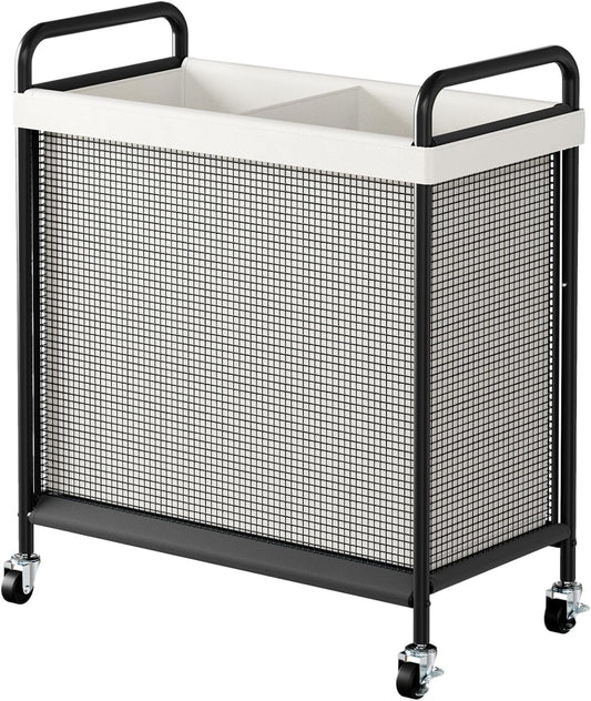 WOWLIVE Rolling Laundry Hamper 2 Section, 100L Laundry Basket with Wheels | Double Laundry Sorter with Metal Handle and Removable Bag, Large Clothes Hamper for Laundry Room, Bathroom and Dorm, Beige
