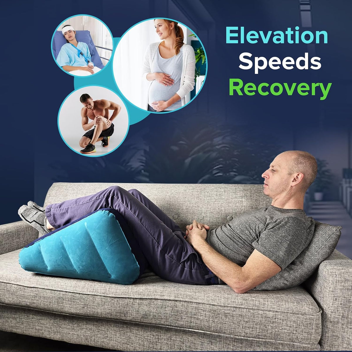 Leg Elevation Pillow by Recovery Wedge, Inflatable Wedge Pillow for Sleeping and Post-Surgical, Improve Circulation and Reduce Swelling, Speed Injury Recovery. (Large triangle)