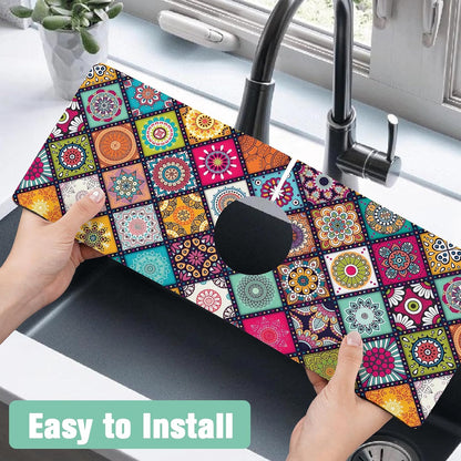 Kitchen Sink Splash Guard Faucet Mat 24" X 5.5" Tropical Leavesl Absorbent Fast Drying Mat Faucet Draining Mat Sink Splash Guard Behind Faucet Drip Catcher for Kitchen Bathroom