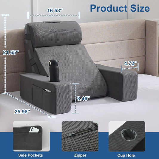 Reading Pillow for Sitting in Bed Adult, Back Pillow for Bed Sitting up with Arms, Pockets and Cup holder, Sit Up Backrest Pillows for Beds Chair Support, Rest Pillow for Gaming (Light gray, 5PCS)