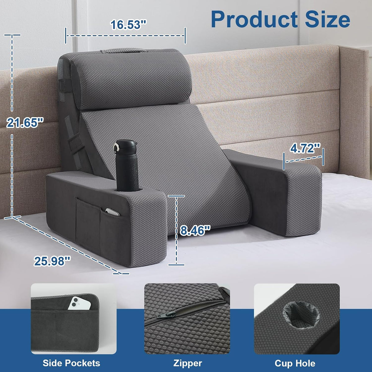 Reading Pillow for Sitting in Bed Adult, Back Pillow for Bed Sitting up with Arms, Pockets and Cup holder, Sit Up Backrest Pillows for Beds Chair Support, Rest Pillow for Gaming (Light gray)