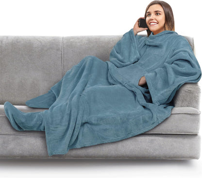 PAVILIA Fleece Blanket with Sleeves and Foot Pockets Women Men, Dark Purple