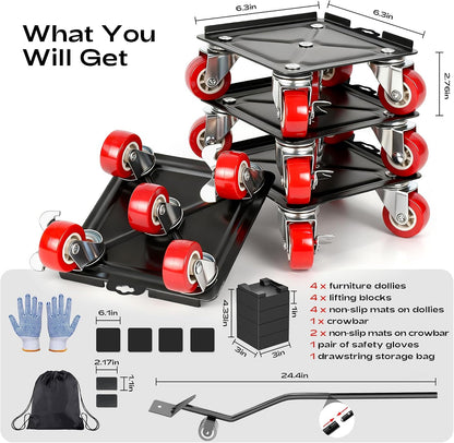 Furniture Dolly with 5 Wheels Heavy Duty Furniture Movers with Wheels Furniture Moving Wheels for Heavy Furniture Dollies Moving Dolly Heavy Duty Furniture Lifter Rollers 2866lbs Load Capacity