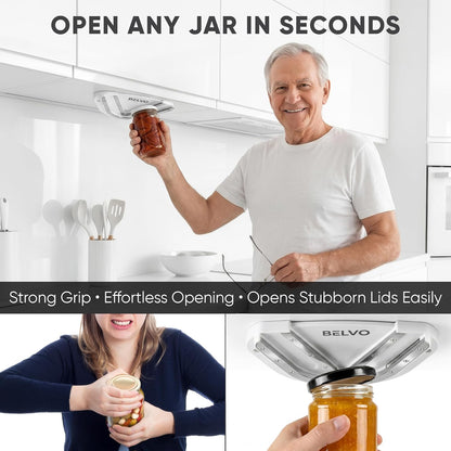 Belvo Under Cabinet Jar Opener for Weak Hands & Seniors – Heavy Duty Lid Opener for Arthritis, Easy Grip Under Counter Jar Opener Tool for Bottles & Lids – White