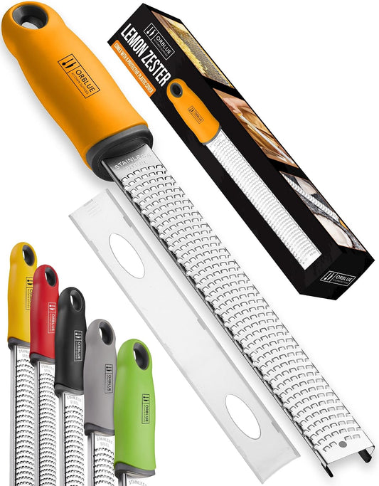 Orblue Lemon Zester & Cheese Grater - Premium Citrus Zester, Kitchen Grater for Parmesan, Chocolate, Fruits, Vegetables, Ginger, Garlic, Nutmeg - Stainless Steel Blades with Protective Cover, Orange