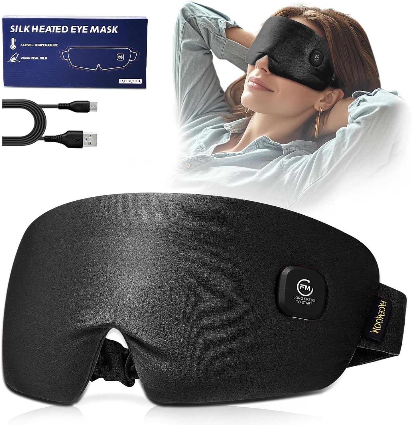 Heated Eye Mask for Dry Eyes - Silk Cordless Warm Eye Compress Moist Heat, FSA Eligible, Eye Heating Pad for Stye Treatment, Tired Eyes, Sleep, Travel, Washable, Rechargeable, Blue