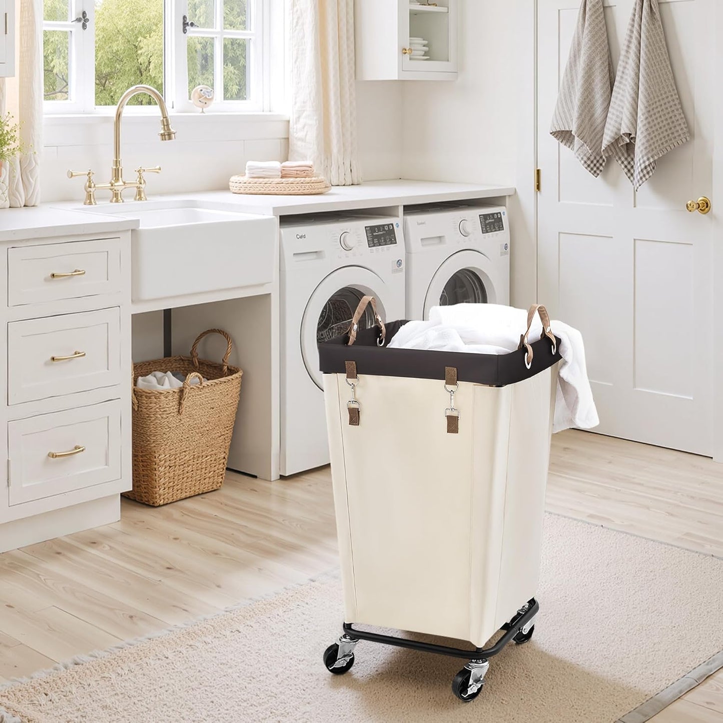 StorageWorks 160L Laundry Basket with Wheels, Rolling Hampers for Clothing | Beige Laundry Basket with Wheels, Metal Frame & Handles, Rolling Hamper for Bedroom, Bathroom, Dorm, Hotel