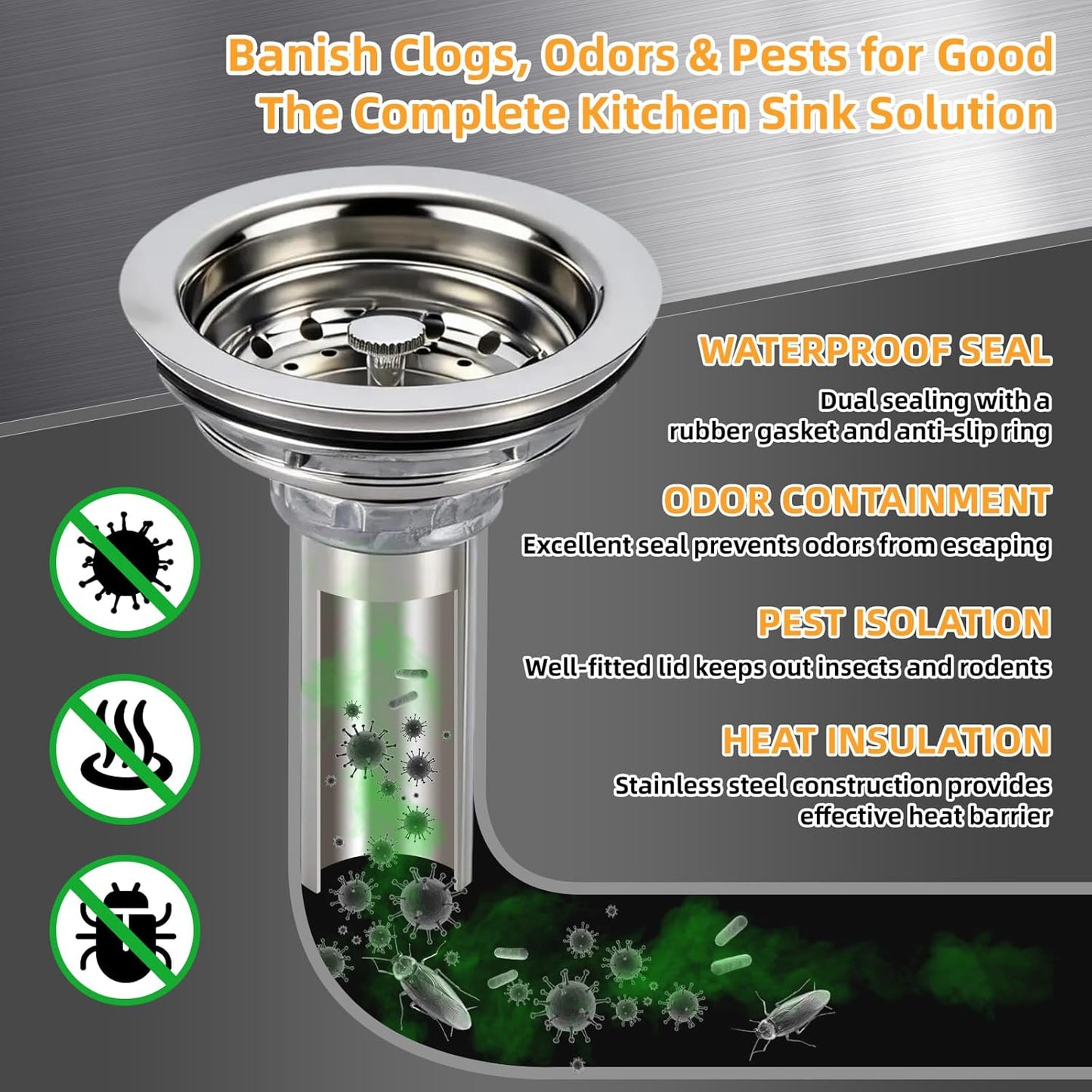 Kitchen Sink Drain Assembly, Basket Strainer with Knob, 3-1/2 Inch Sink Drain Stopper Plug, Threaded Plastic Sink Strainer Tailpiece 1-1/2 in