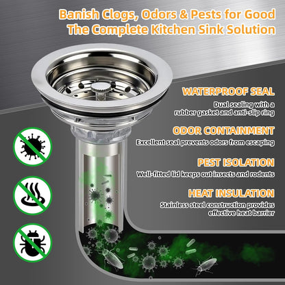 Kitchen Sink Drain Assembly, Basket Strainer with Knob, 3-1/2 Inch Sink Drain Stopper Plug, Threaded Plastic Sink Strainer Tailpiece 1-1/2 in