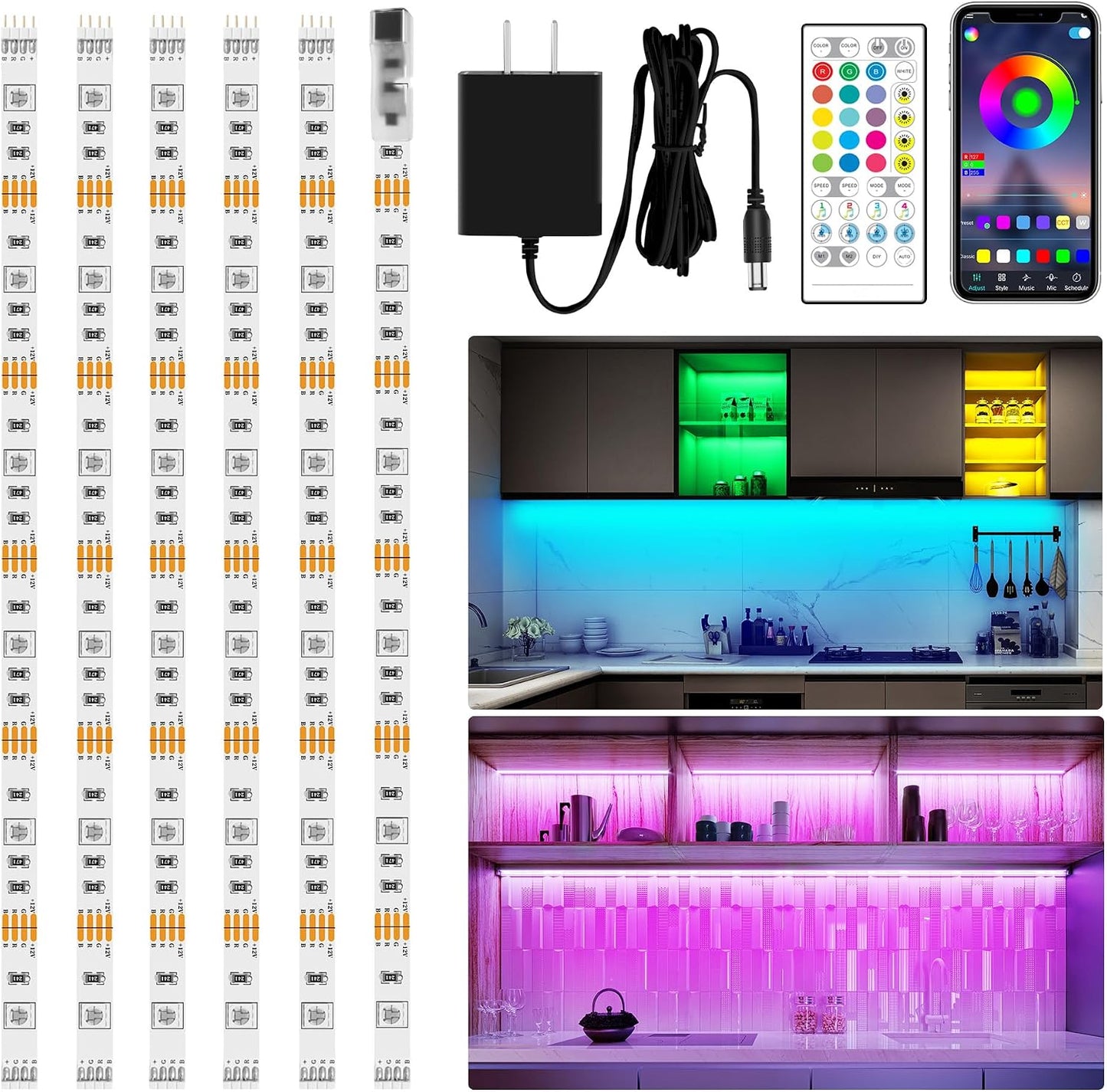 maylit 8 PCS Motion Sensor RGB Under Cabinet Lights Kit, App and Remote Control Led Strip Lights, Music Sync Color Changing Led Lights with Power Adapter, for Cabinet, Counter, Shelf, Bookcase, 13ft | App and Remote Control Led Strip Lights, Music Sync
