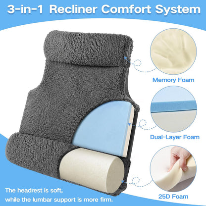 3-in-1 Lumbar Support Pillow with Headrest for Recliner, Memory Foam Back Cushion Set with Adjustable Side Bolster for Targeted Lower Back Pain Relief, Plush Sherpa Fleece Cover, Grey