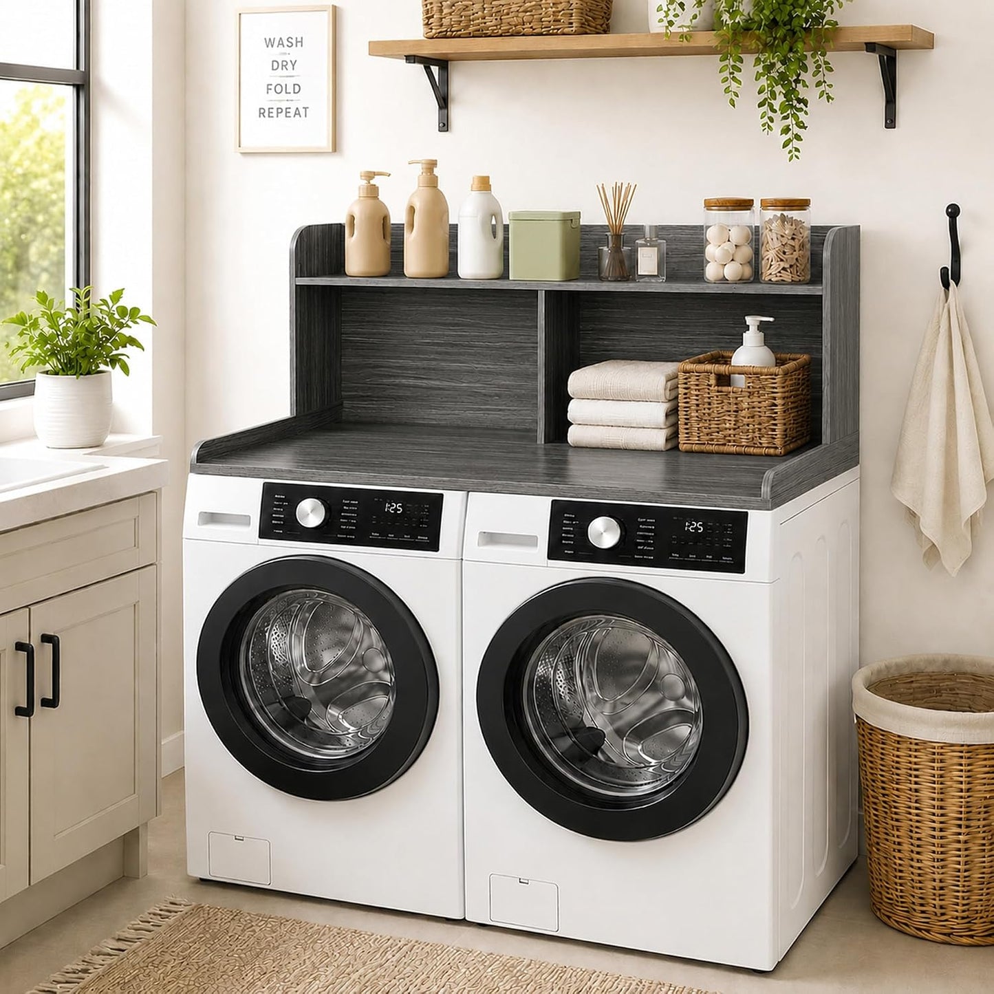 Royxen Washer Dryer Countertop with Extra Tall Shelf, 19" Height Washer and Dryer Topper, Laundry Countertop with Non-Slip Pads, Universal Fit for Laundry Room Organization, Walnut