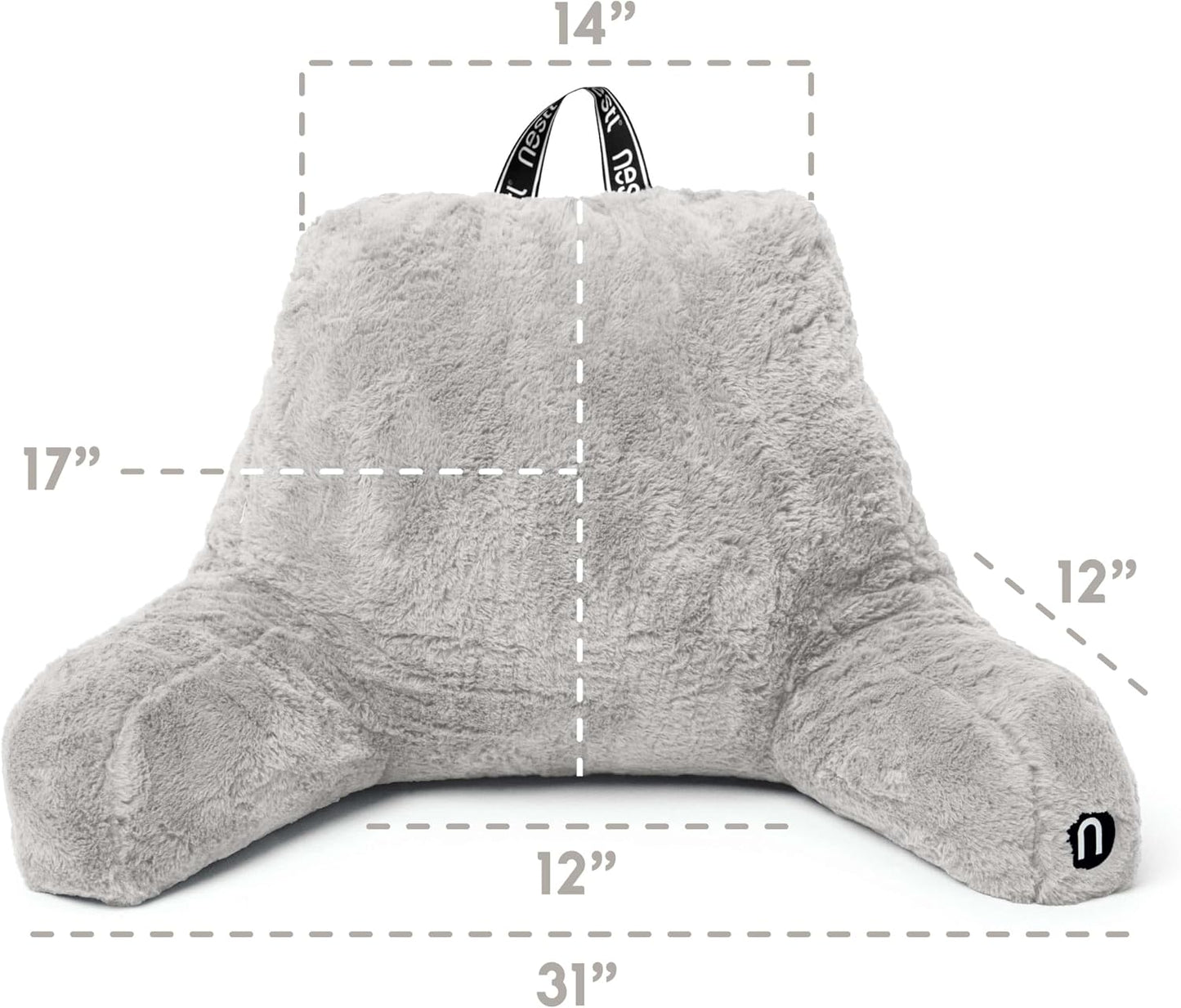 Nestl Fur Reading Pillow with Shredded Memory Foam, Stylish Back Pillow for Bed Sitting Up, Faux Fur Reading Pillows for Sitting in Bed Adult & Kids, Sit Up Back Support Pillow with Arms - Dark Grey