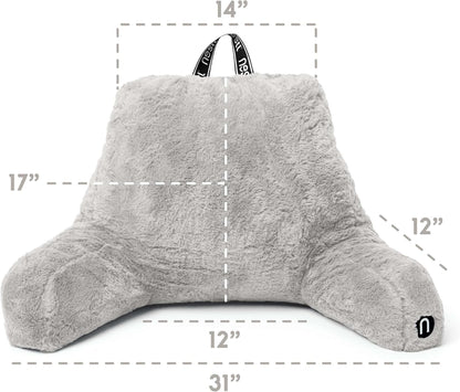 Nestl Fur Reading Pillow with Shredded Memory Foam, Stylish Back Pillow for Bed Sitting Up, Faux Fur Reading Pillows for Sitting in Bed Adult & Kids, Sit Up Back Support Pillow with Arms - Dark Grey