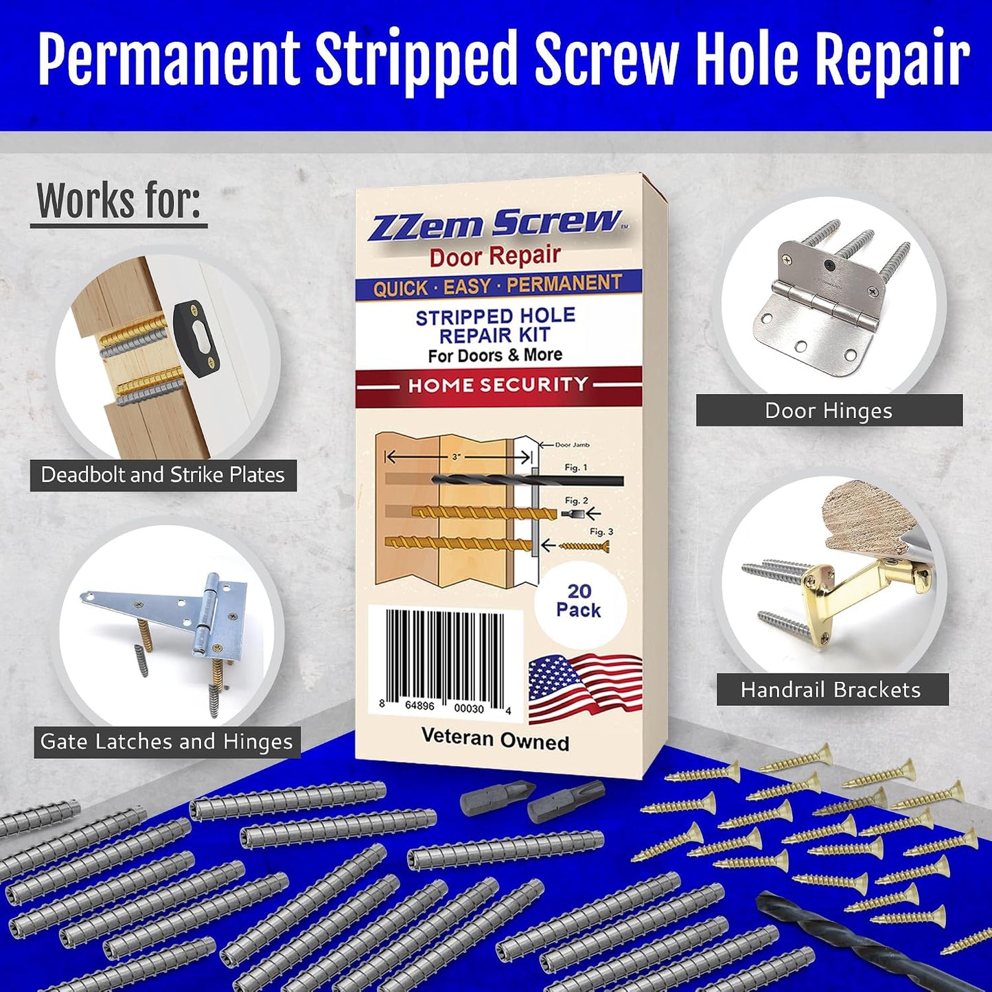 4-Pack #9 x 3 Permanent Stripped Door Hinge Screw Hole Repair Kit | Reinforces hinges, strike plates and door jambs. Installs in minutes. Made in USA