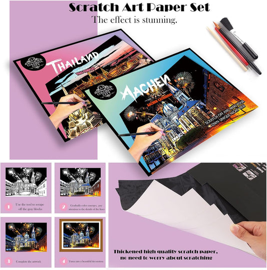 Scratch Paper Art Scratch Painting for Adults/Teens Colorful City Series 4 | Rainbow Scratch Paper Art Kit, Calming Craft Supplies for Adults, Meditation Hobby, Screen Free Activity and Wall Decor