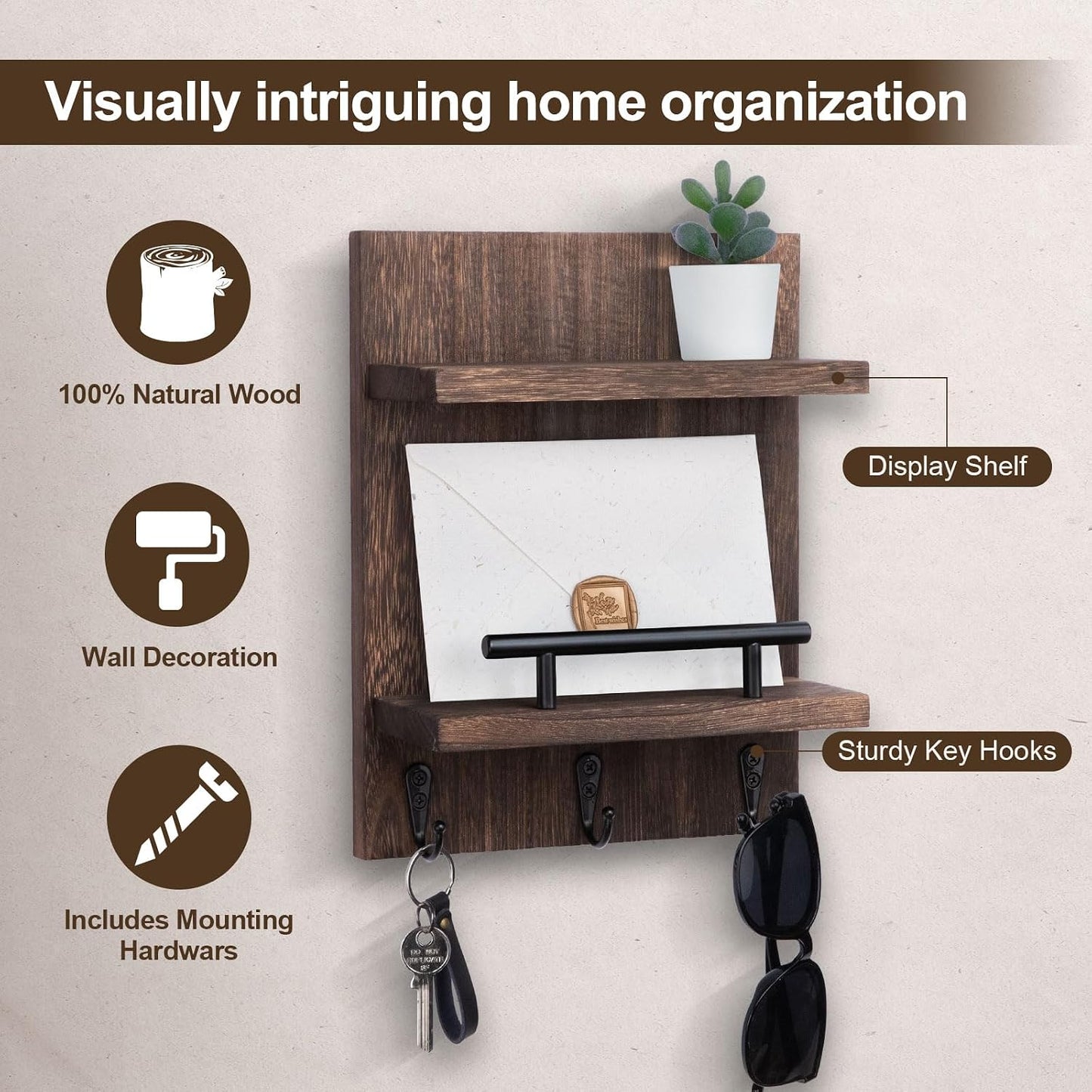 Key Holder Wall Mount, Mail Shelf Decor with 3 Key Hooks, Versatile Wood Wall Organizer for Entryway Hallway (8.2” x 10.6”x 3.6”) (White) | Farmhouse Key Hanger Holds Dog Leash, Sunglasses – Decorative Mail Organizer Home Decor
