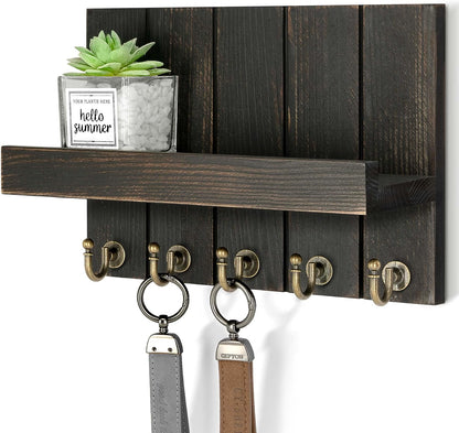 Rebee Vision Key Holder Wall Mount with 5 Key Hooks for Home Decor, Brown | 3.54'' x 10'' x 7.28'', Small Shelf for Display Plant, Key Hangers for Hat, Entryway Space-Saving Storage
