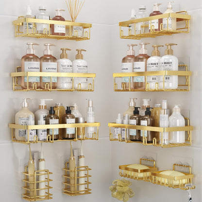 Liuoud 5 Pack Shower Caddy for Inside Shower, Gold Bathroom Storage Decor | Large Rustproof Stainless Steel Organizer with Strong Adhesive, No Drilling Wall Mounted Shelves, Bathroom Accessory Set