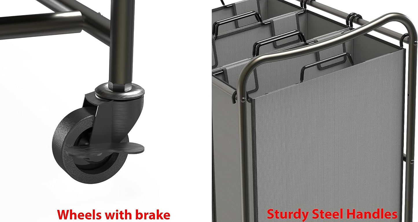 Simple Houseware Heavy Duty 3-Bag Laundry Sorter Rolling Cart, Dark Grey | Removable Bags and Lockable Wheels for Laundry Room Organization