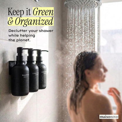 MaisoNovo Shampoo and Conditioner Dispenser|Refillable Black Set of 3 | 500 ml Shower Gel Dispenser Set of 3. Refillable Shampoo and Conditioner Bottles. Drill Free Secure Design. Black