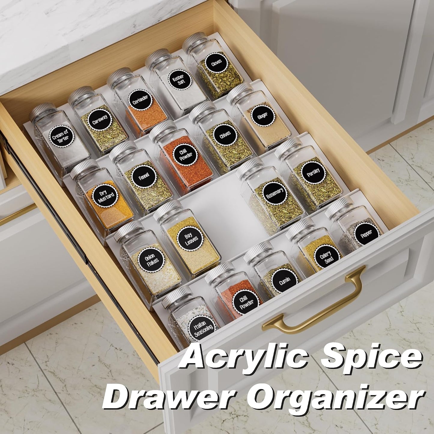 MIUKAA Clear Acrylic Spice Drawer Organizer, 4 Tier Seasoning Jars Drawers Insert, Kitchen Spice Rack Tray for Drawer/Countertop (Jars not included)