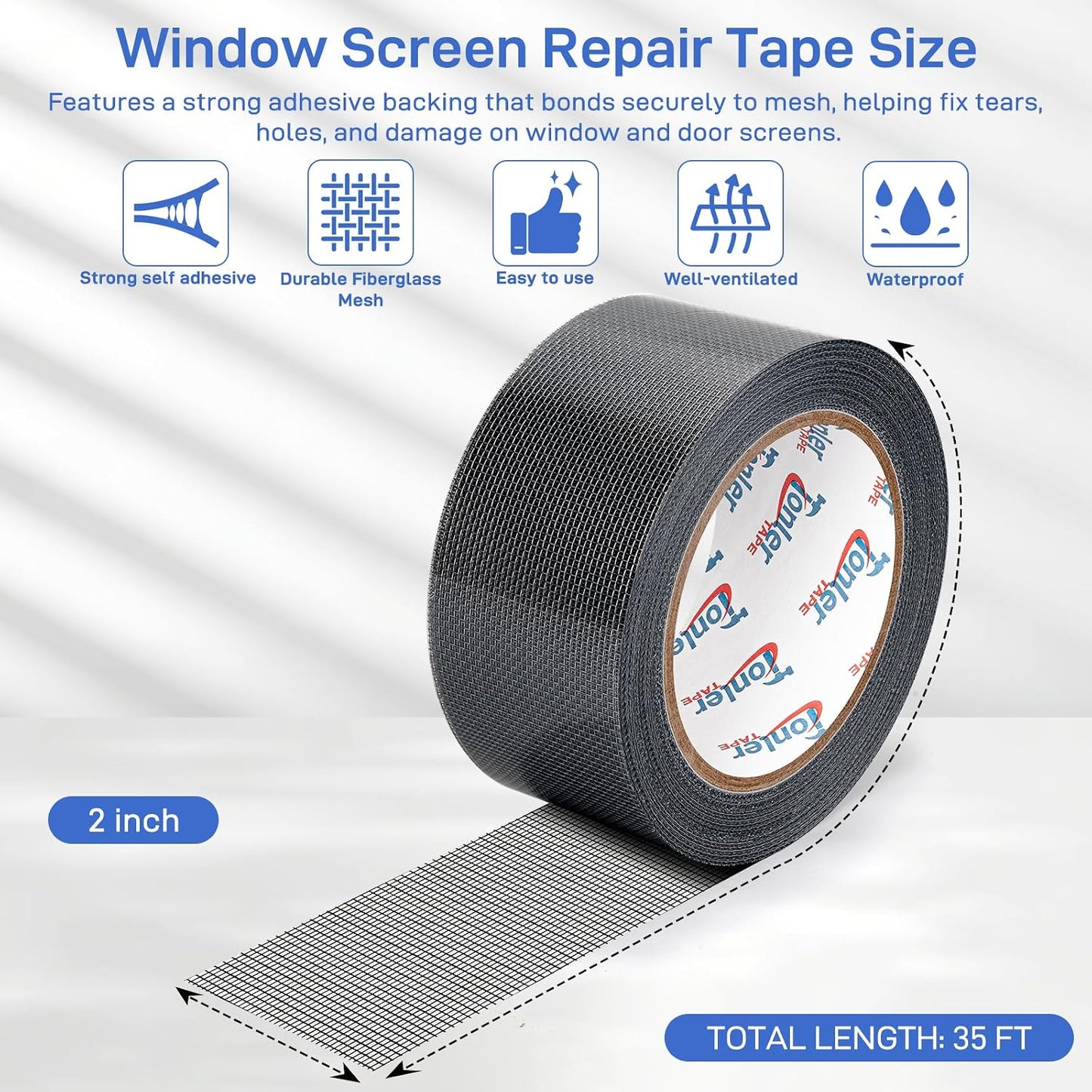 Gray Fiberglass Screen Mesh Patch Tape 2" x 35FT Strong Adhesive Repair Kit | Strong adhesive fiberglass mesh repair kit for screen holes and tears, easy to cut and apply, waterproof indoor outdoor