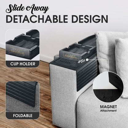 Bamboo Couch Cup Holder, 2 Cork Coasters, Anti-Slip Foldable Couch Arm Tray | 2 in 1 Foldable Sofa Arm Tray, Couch Armrest Table, Anti-Spill Couch Arm Table for Drinks TV Remote Cellphone Snacks