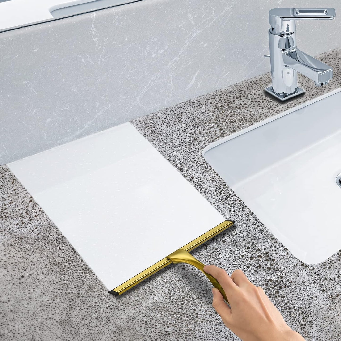 All-Purpose Stainless Steel Shower Squeegee for Shower Glass Door with 2 Adhesive Hooks, Bathroom Cleaner Tool Household Window Mirror Squeegee , Cleaning Tile Wall, Car, 10 Inch Silver