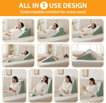 Ruqmuis Wedge Pillow Set for After Surgery, 3PCS Adjustable 9&12 Inch Bed Wedge Pillow for Sleeping, Incline Pillow Wedge for Headboard, Post Surgery, Acid Reflux, Neck&Back Support, White/Grey