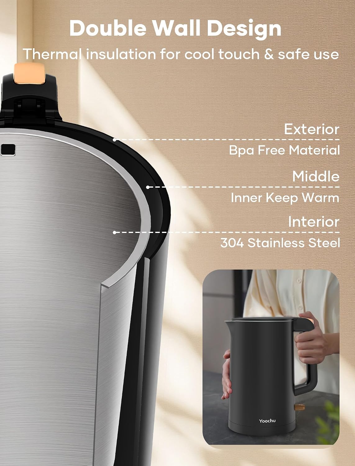 Electric Tea Kettle, 1.7L Stainless Steel Cool Touch Double Wall, Hot Water Boiler, 1500W Fast Boiling, Boil Dry Protection, BPA-Free, Black
