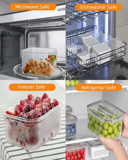 SnowSky 4PCS 2-in-1 Fruit & Veggie Fresh Box with Detachable Colander & Divider – Airtight Leak-Proof Fridge Storage Container with Lid for Berry, Meal Prep, Kitchen