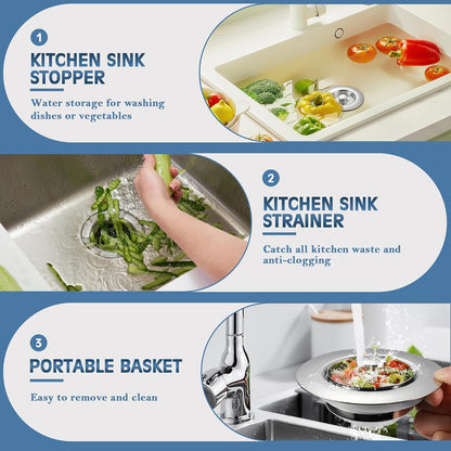 TGOSOMT Kitchen Sink Drain Strainer Stopper, Anti-Clog & Quick Drain | 3-IN-1 Design, Stainless Steel 304, Removable Strainer Basket, Corrosion & Scratch Resistant, Fits US Standard 3-1/2" Drain