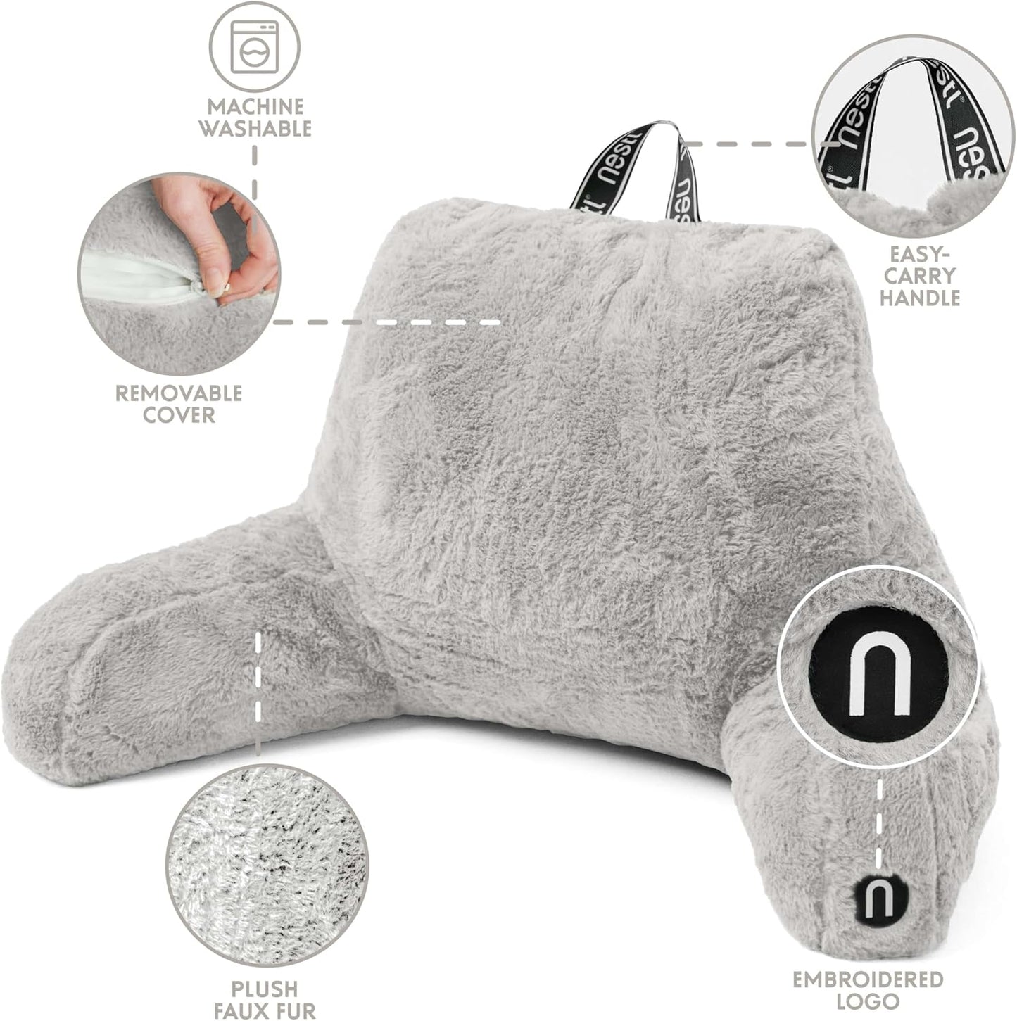 Nestl Fur Reading Pillow with Shredded Memory Foam, Stylish Back Pillow for Bed Sitting Up, Faux Fur Reading Pillows for Sitting in Bed Adult & Kids, Sit Up Back Support Pillow with Arms - Dark Grey