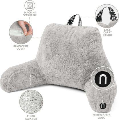 Nestl Fur Reading Pillow with Shredded Memory Foam, Stylish Back Pillow for Bed Sitting Up, Faux Fur Reading Pillows for Sitting in Bed Adult & Kids, Sit Up Back Support Pillow with Arms - Dark Grey