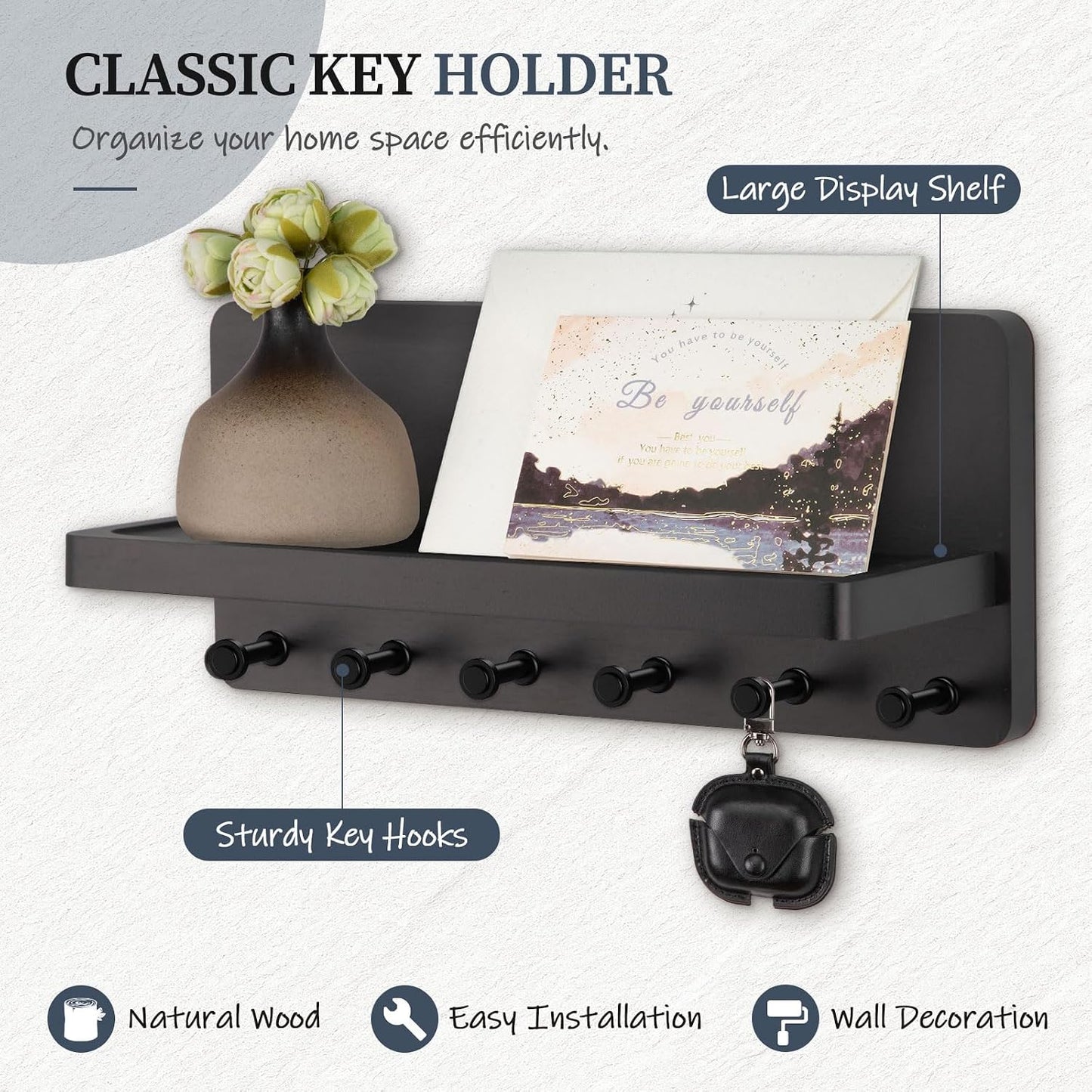 Nekon Key Holder for Wall with Shelf, Pine Wooden Key Hanger, Black | Small Wall Mounted Key Holder with 4 Hooks, Farmhouse Wall Organizer for Home Entryway & Apartment