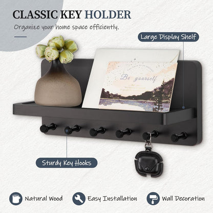 Nekon Key Holder for Wall with Shelf, Pine Wooden Key Hanger, Black | Small Wall Mounted Key Holder with 4 Hooks, Farmhouse Wall Organizer for Home Entryway & Apartment