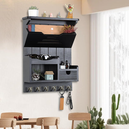 DOPACE Handcrafted Pine Wood Mail Organizer & Key Holder, Black | Hand-polished natural pine wood with storage drawer & 6 hooks, Fine spray paint finish, Easy wall mount
